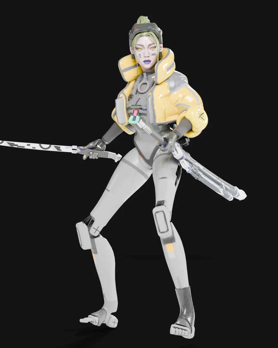 Thief in the Trespass Protocol look, holding her katana