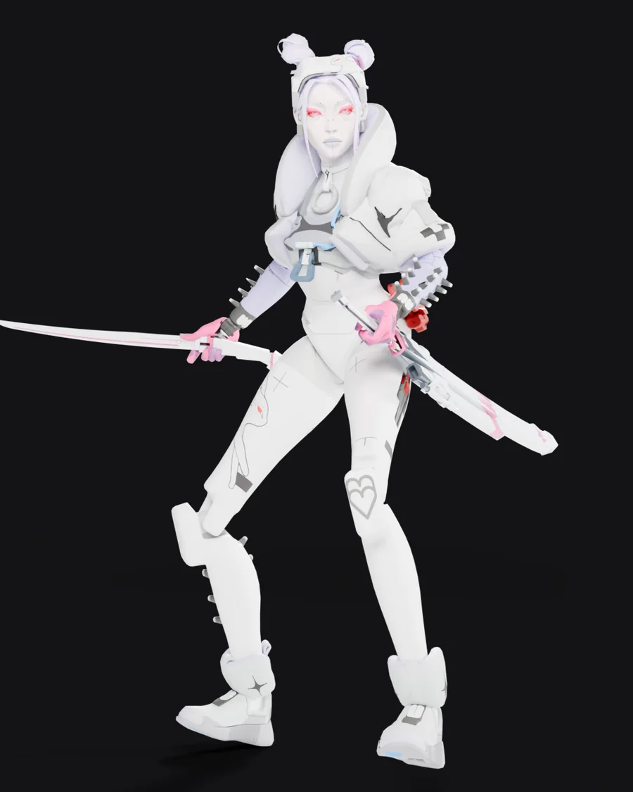 Thief in the White Rabbit look, holding her katana