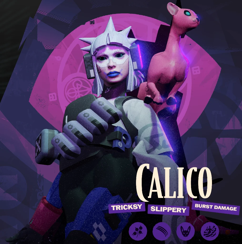 Vandal on the Calico hero select screen, with Bingus on her shoulder