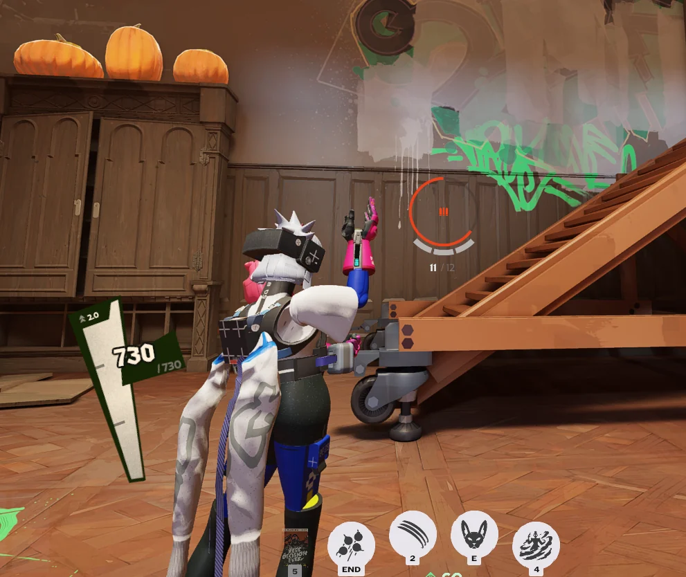 Vandal in the hideout with her arm cannon raised, seen from behind